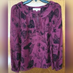 LOFT Sheer Pink Fuchsia Blouse w Black Butterflies, XS Loose Fit, MINT CONDITION